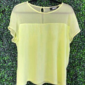 NWOT Womens DKNY Short Sleeved Partly  Sheer Chiffon Top-Large Yellow